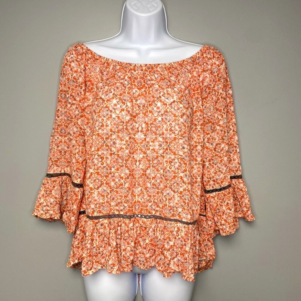 Democracy Boho Hippie Milkmaid Fesival Flare Sleeve Floral‎ Ruffle Top Size M